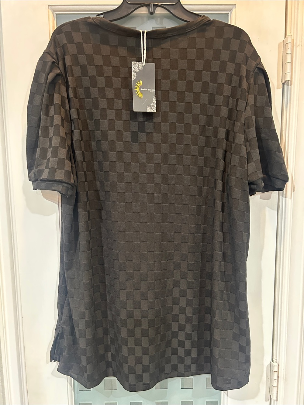 Checker Jacquard Short Sleeve Blouse - Brown